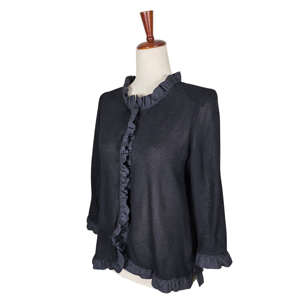 Exclusively Misook‎ Blouse Size S Black Ruffle Snap Front Mesh Vintage Regency
